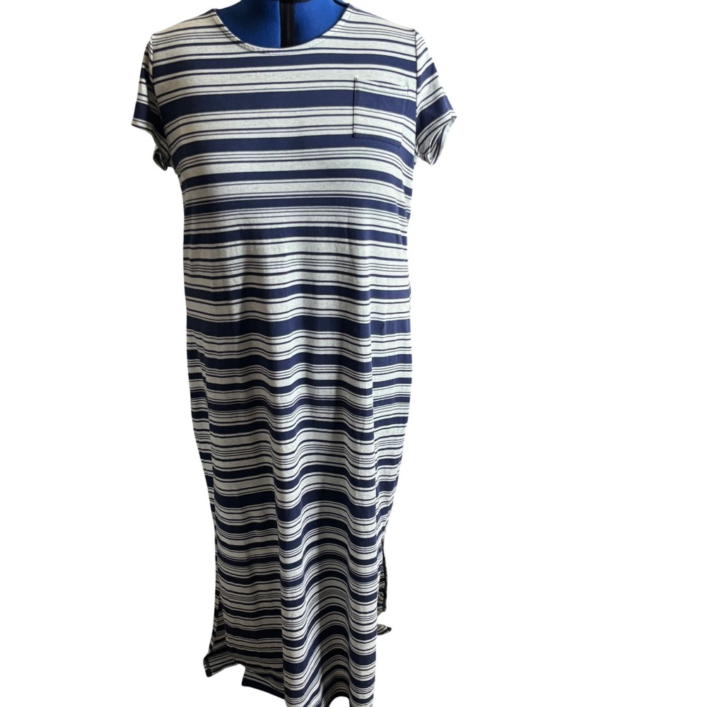 Chico's Zenergy Maxi Dress Womens 3 XL Blue Gray Striped Lyocell Short Sleeve